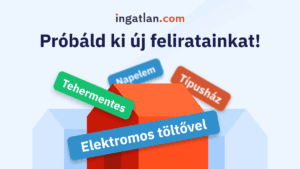Illusztráció az ingatlan.com új feliratairól: egy stilizált ház körül élénk színű feliratcímkék lebegnek, mint például Tehermentes, Elektromos töltővel, Napelem és Típusház. A képen középen a szöveg: „Próbáld ki új feliratainkat!” A vizuál friss, figyelemfelkeltő és jól tükrözi a megújult feliratválasztékot.