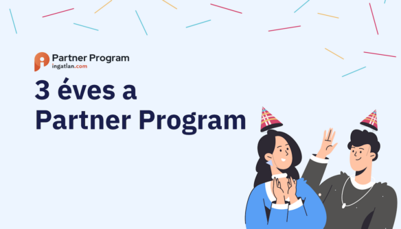 "3 éves a Partner Program" felirat mellett konfetti és egy ünneplő férfi és nő illusztrációja.