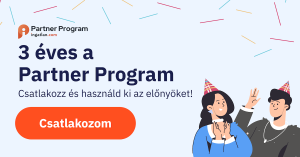 Kreatív illusztráció a Partner Program 3. évfordulójáról, ünneplő emberek stilizált rajzával és konfettivel.